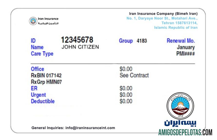 Cartão de seguro saúde do Irã exemplo real